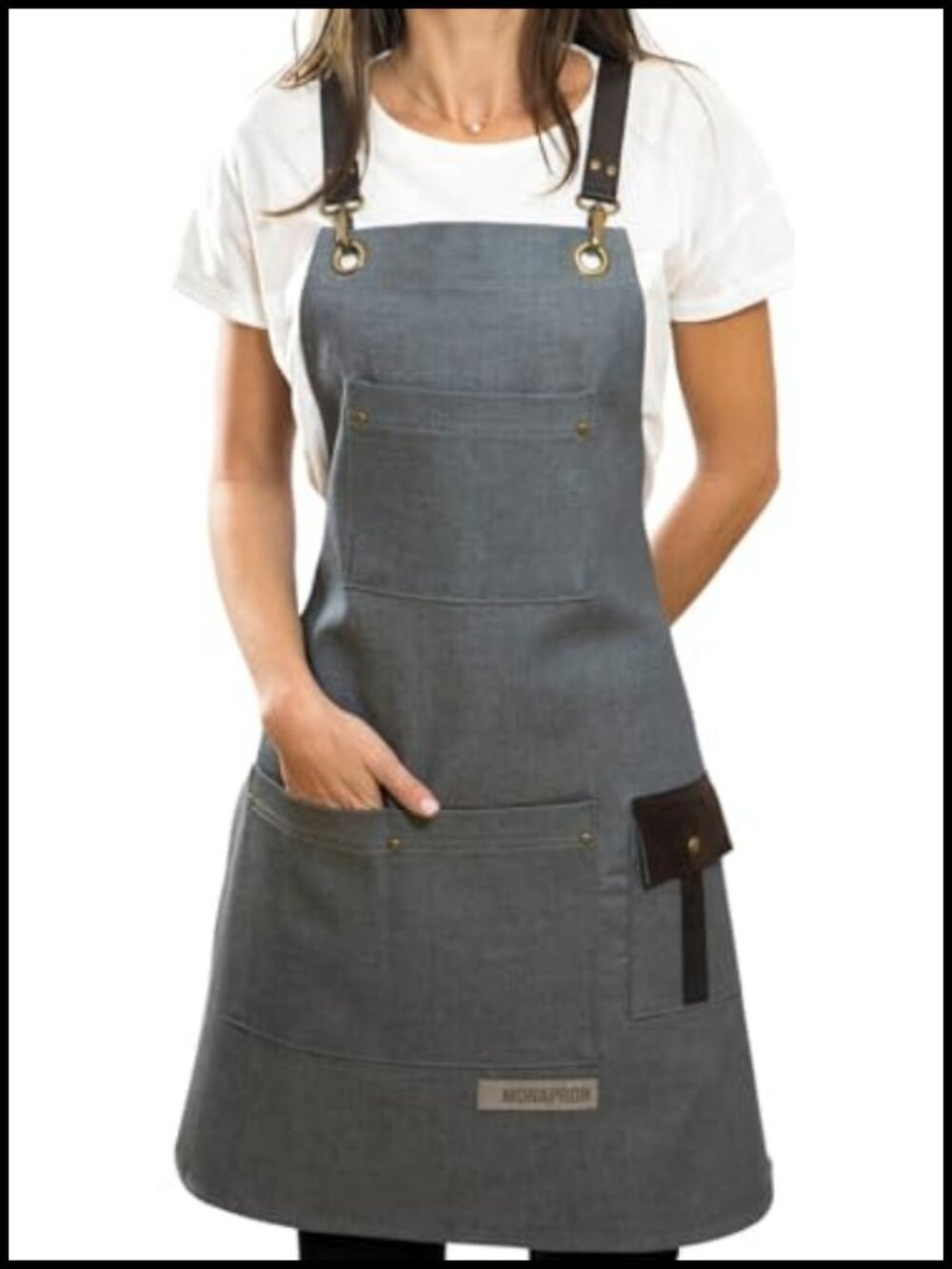 Denim Vegan Leather Chef Apron Bib Cross Back Adj Washable